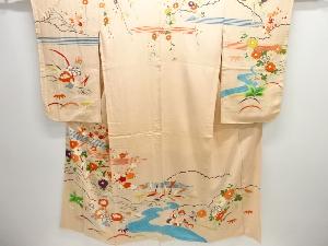 大正ロマン　錦紗草花に流水模様一つ紋着物